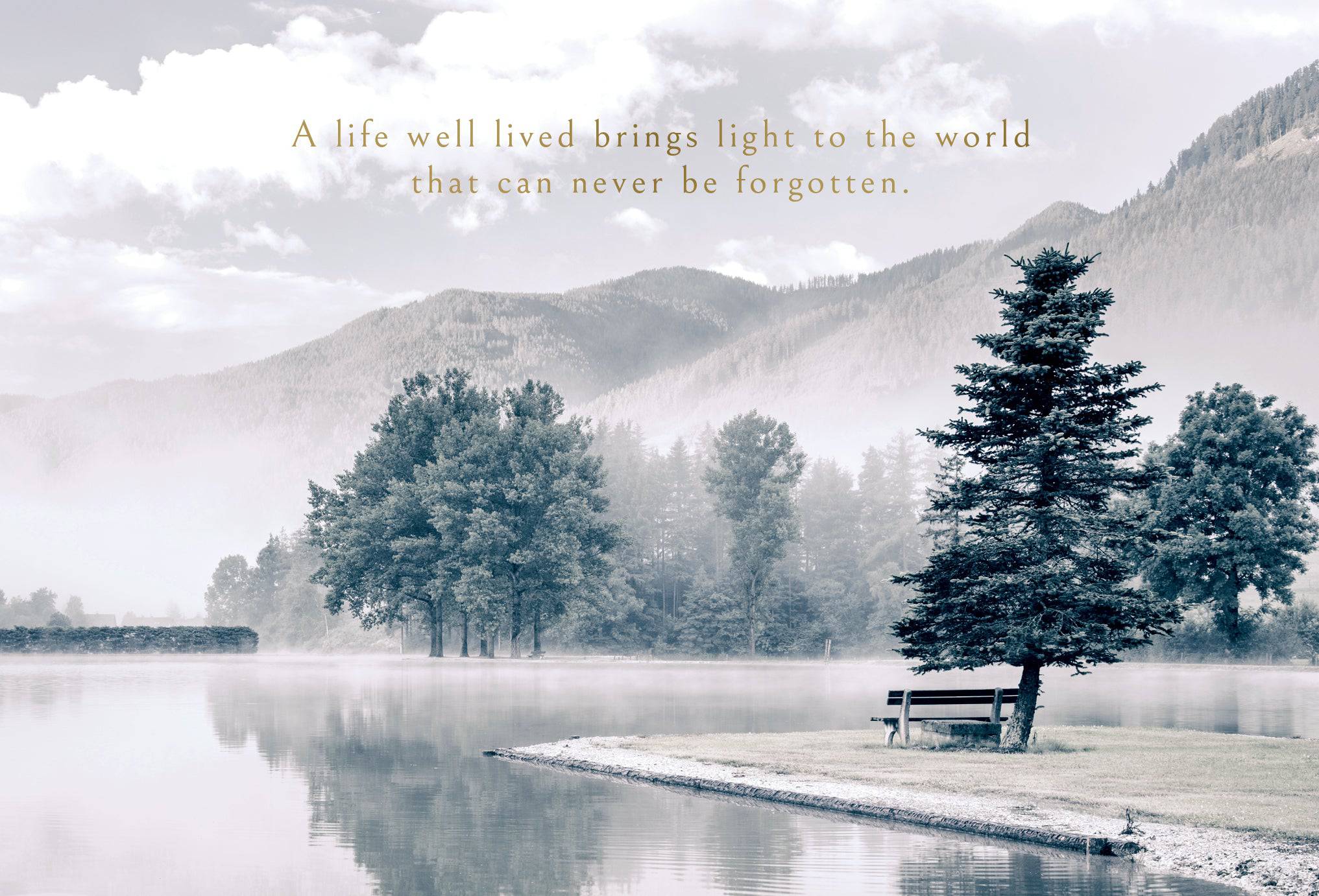 Pictura Lakeside Bench sympathy card featuring a serene lakeside scene with a bench, suitable for expressing condolences.