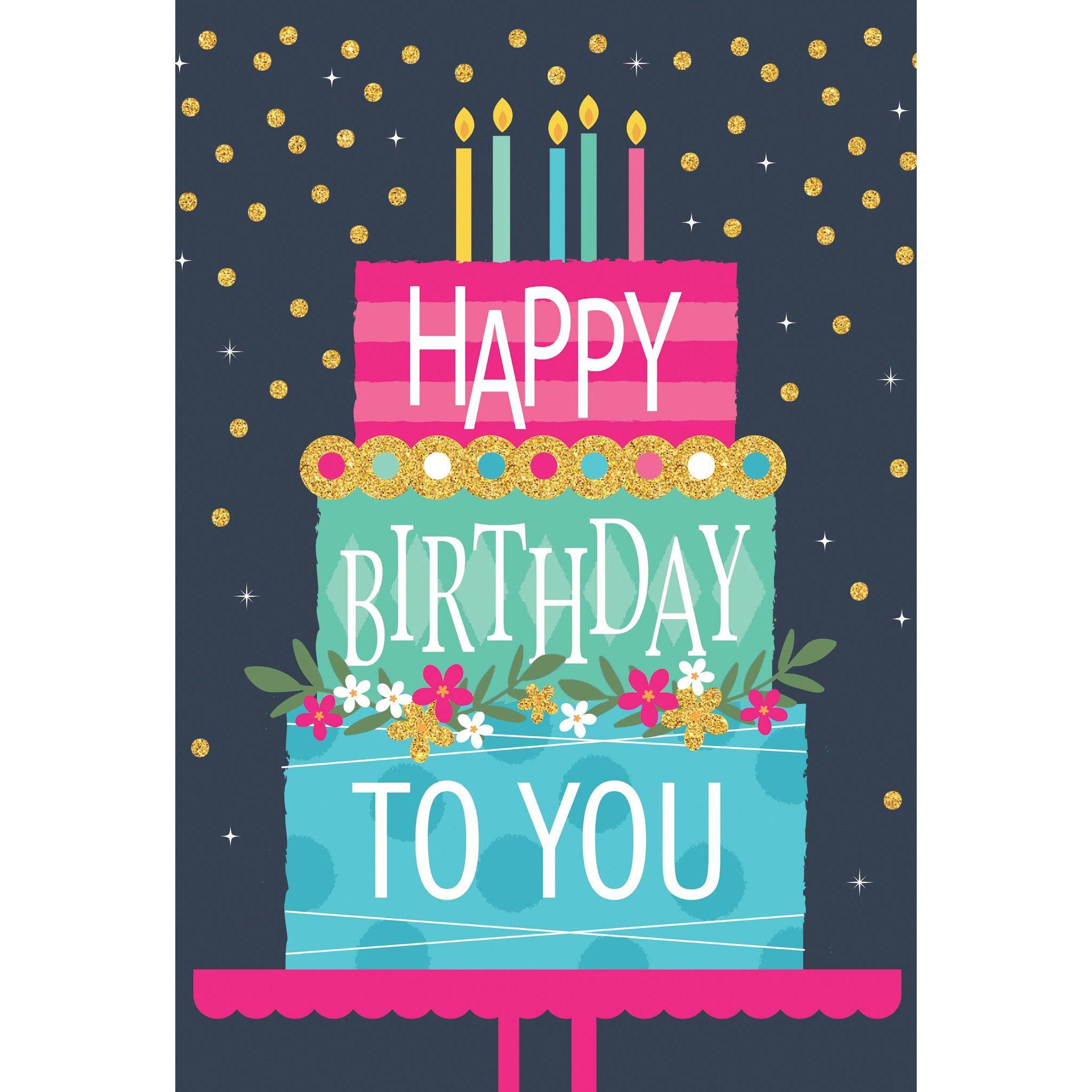 Colorful neon birthday cake design on Pictura birthday card, featuring vibrant cake illustration for special celebration greetings.