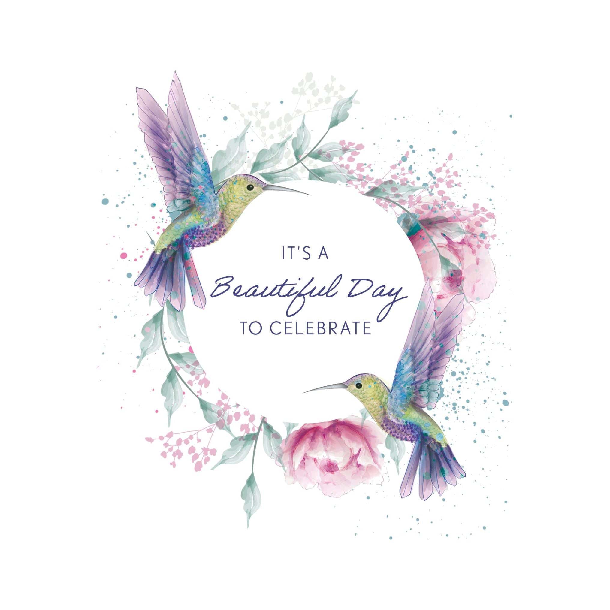 Pictura hummingbird wreath birthday card featuring colorful flowers and a delicate hummingbird illustration on a white background.