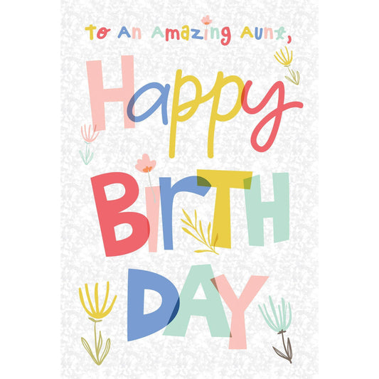 Colorful Letters Birthday Card for Aunt by Pictura featuring vibrant letter designs and cheerful birthday message on the front.