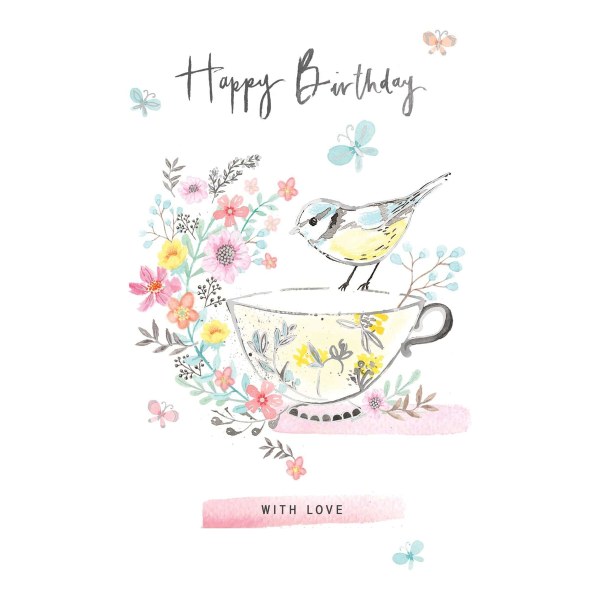 Pastel-colored teacup with a bird illustration on a Pictura birthday card, suitable for everyday occasions.