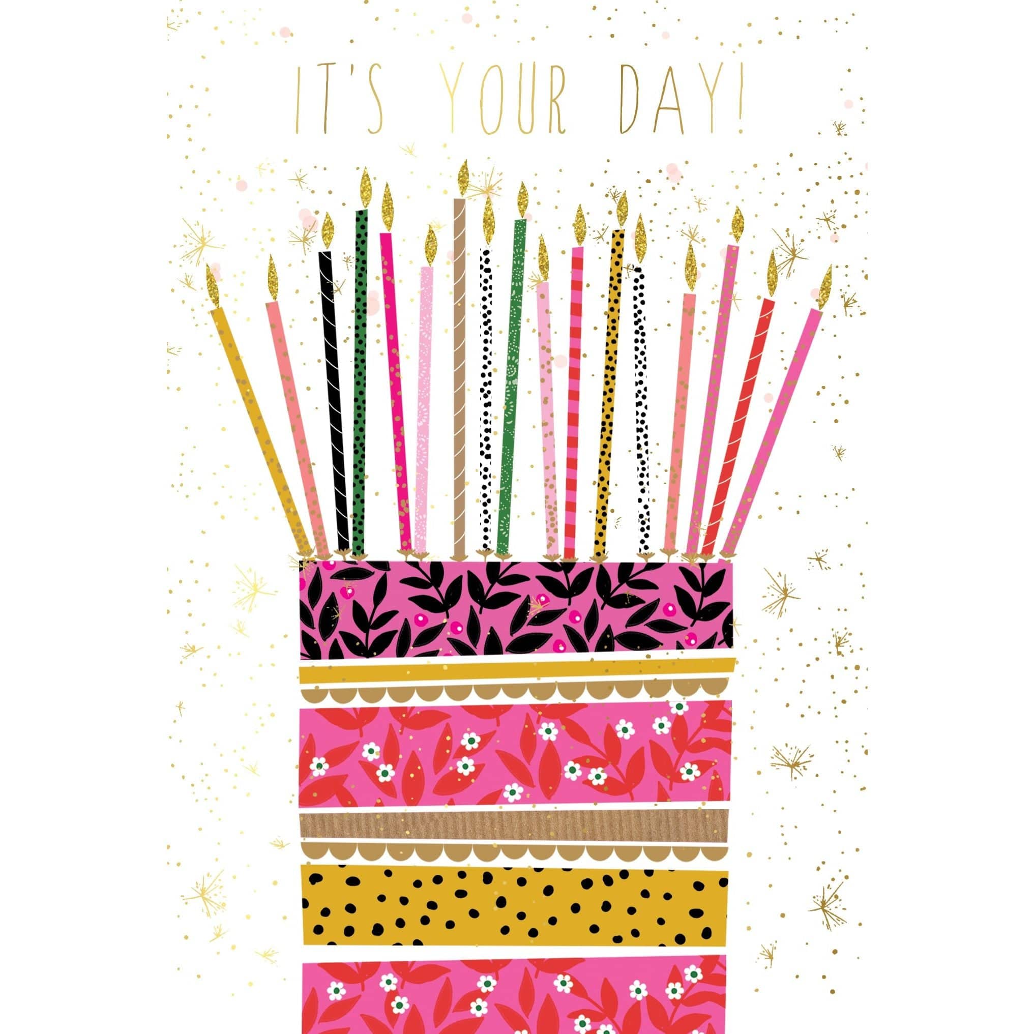 Sara Miller birthday card featuring a cake and tall candles, part of Pictura's everyday card collection, with colorful floral design.