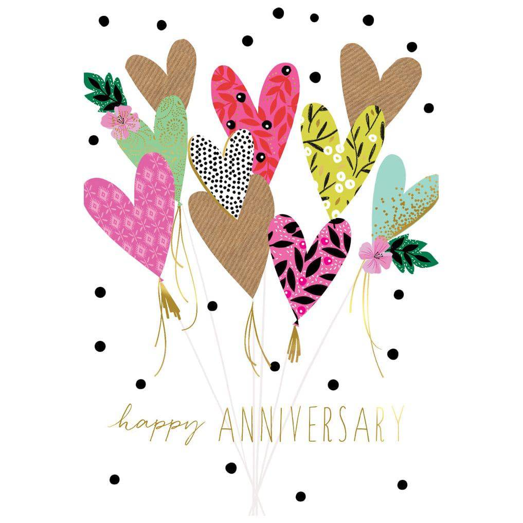 Sara Miller Heart Balloons Anniversary Card from Pictura, featuring colorful heart-shaped balloons on a festive card design.