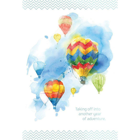 Pictura hot air balloons birthday card featuring colorful balloons floating in a clear sky, perfect for celebrating birthdays.