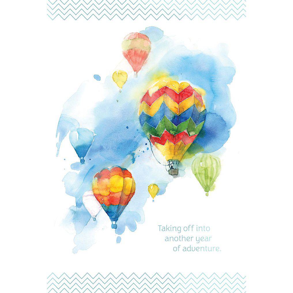 Pictura hot air balloons birthday card featuring colorful balloons floating in a clear sky, perfect for celebrating birthdays.