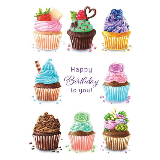 Pictura Storybook Cupcakes birthday card featuring colorful illustrated cupcakes on a cheerful greeting card.