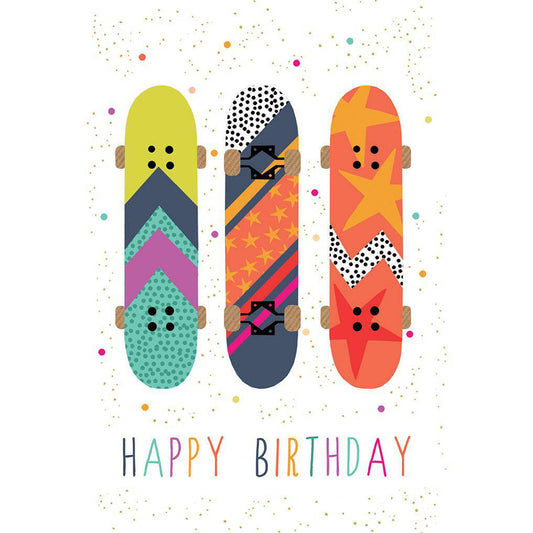 Three skateboards birthday card featuring colorful illustrations, from Pictura's Sara Miller Everyday Cards collection.