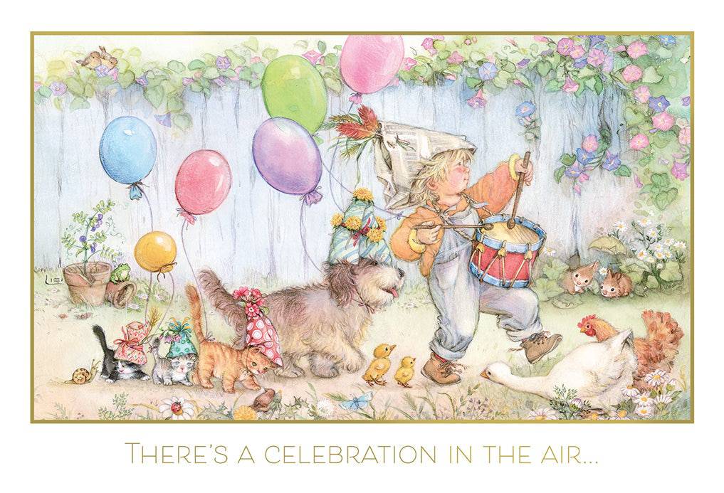 Boy marching with puppy birthday card from Pictura, featuring cheerful illustration by Lisi Martin for everyday occasions.