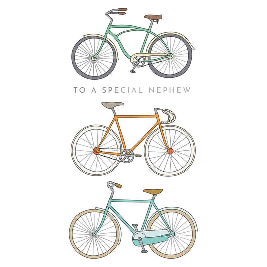Pictura Three Bikes birthday card for nephew featuring colorful illustrations of three bicycles on a cheerful background.