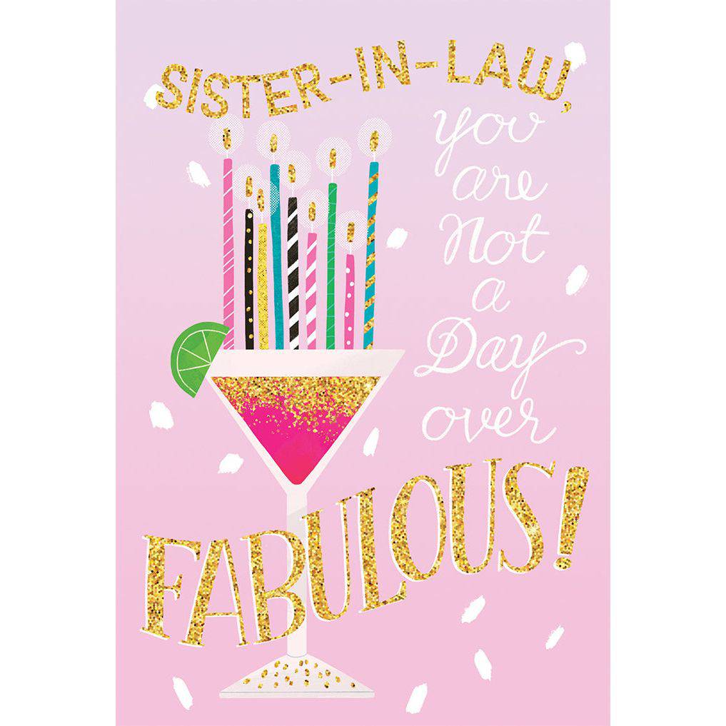 Pictura Not A Day Over Fabulous birthday card for sister-in-law, featuring colorful floral design and playful typography.