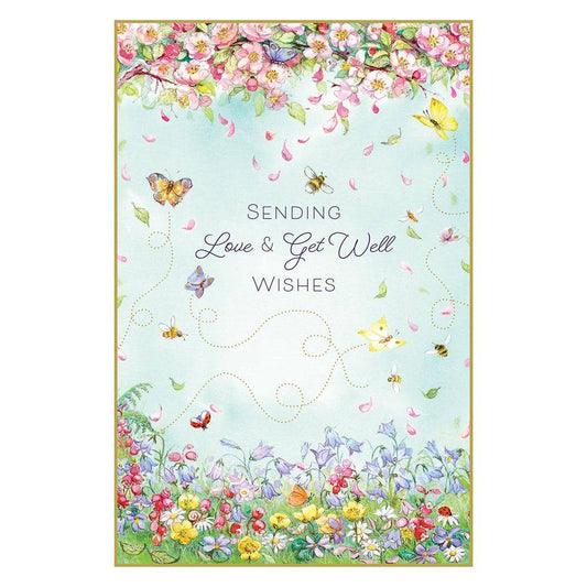 Get well card featuring butterfly and floral background design by Pictura, with colorful flowers and butterfly illustrations.