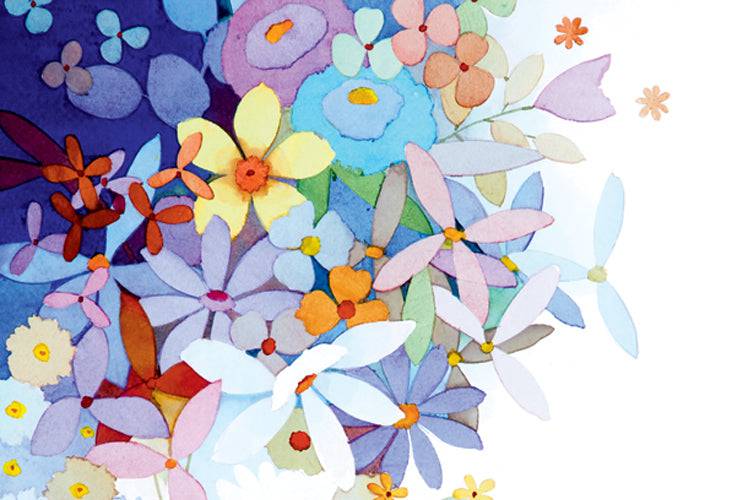 Pictura mixed flowers on blue friendship card, featuring colorful floral illustrations on an everyday greeting card.