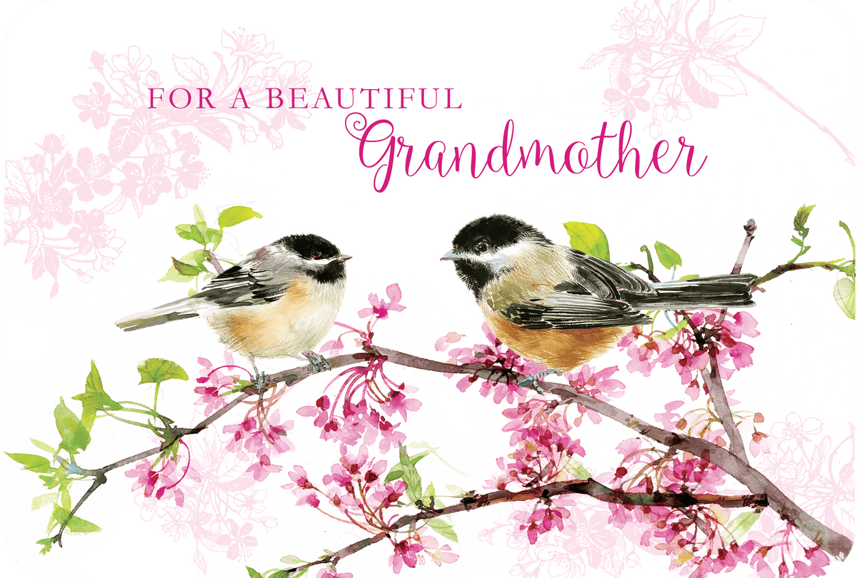 Pictura Mother's Day card featuring colorful birds and cherry blossoms, designed for grandmothers, with vibrant floral illustrations.
