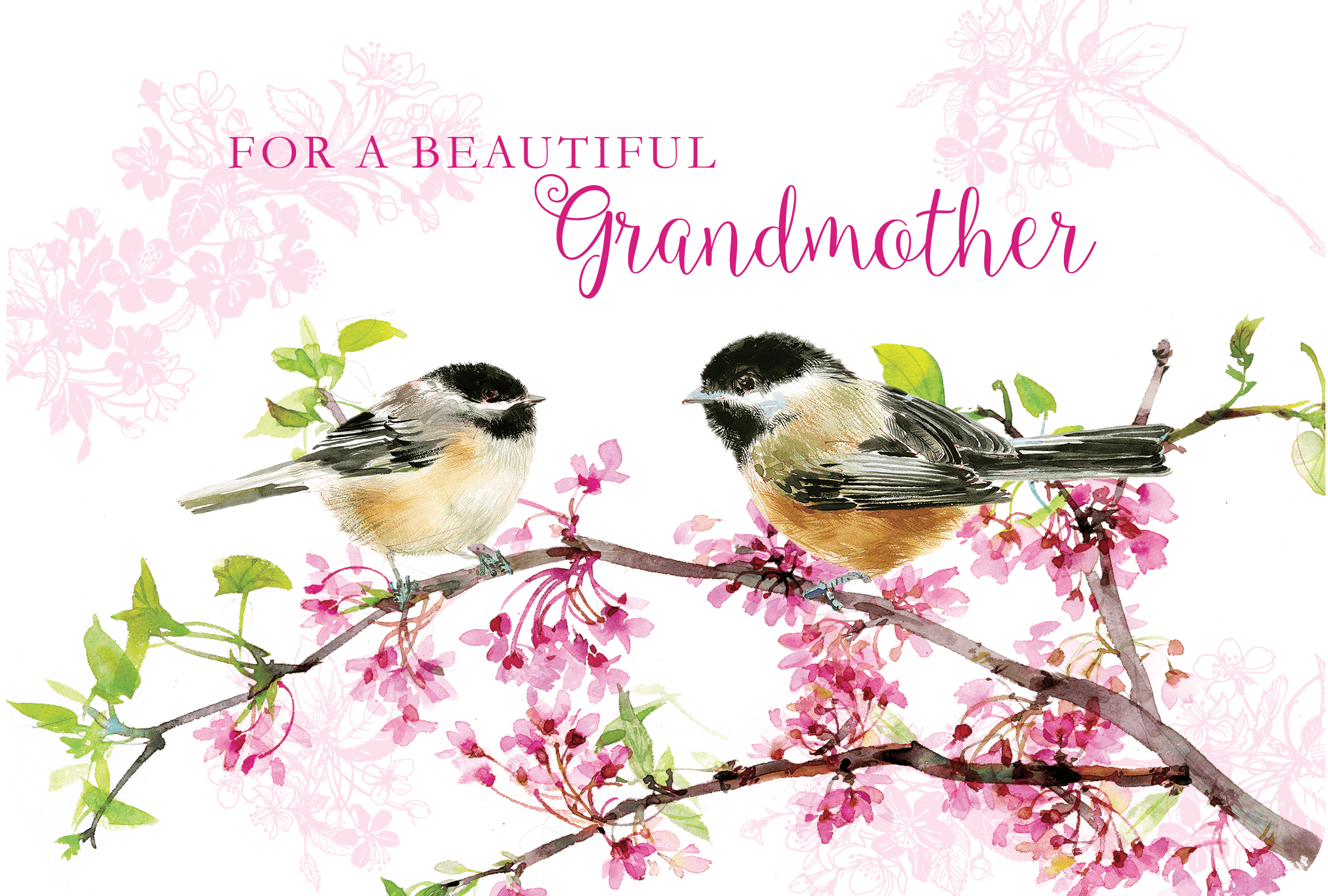 Pictura Mother's Day card featuring colorful birds and cherry blossoms, designed for grandmothers, with vibrant floral illustrations.
