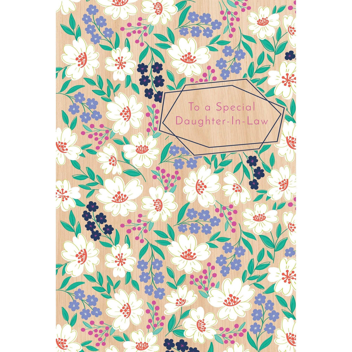 White and blue floral Mother's Day card for daughter-in-law by Pictura, featuring colorful flower illustrations and elegant design.