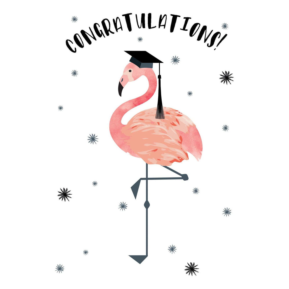 Colorful flamingo graduation card by Pictura featuring a festive design for celebrating graduates.