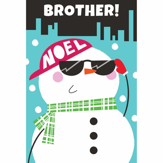 Snowman with sunglasses and cap on a Pictura Christmas card, festive winter scene for brother holiday greeting.