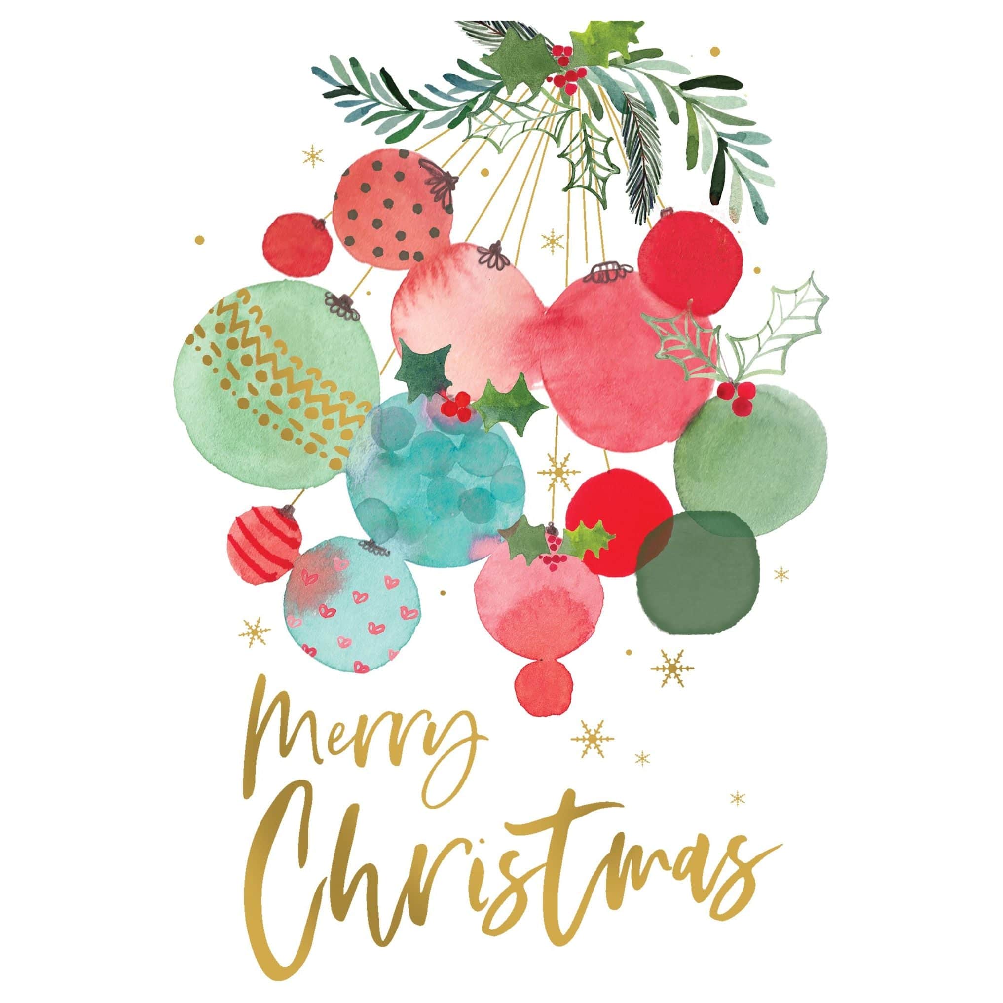 Watercolor Christmas card featuring festive ornament illustrations, designed by Pictura, with colorful holiday-themed artwork.