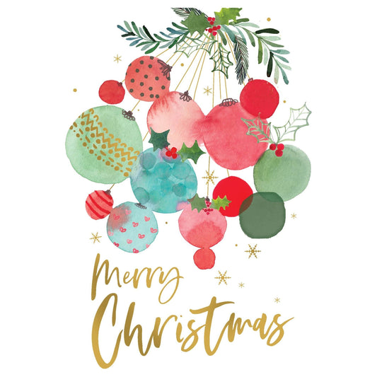 Watercolor Christmas card featuring festive ornament illustrations, designed by Pictura, with colorful holiday-themed artwork.
