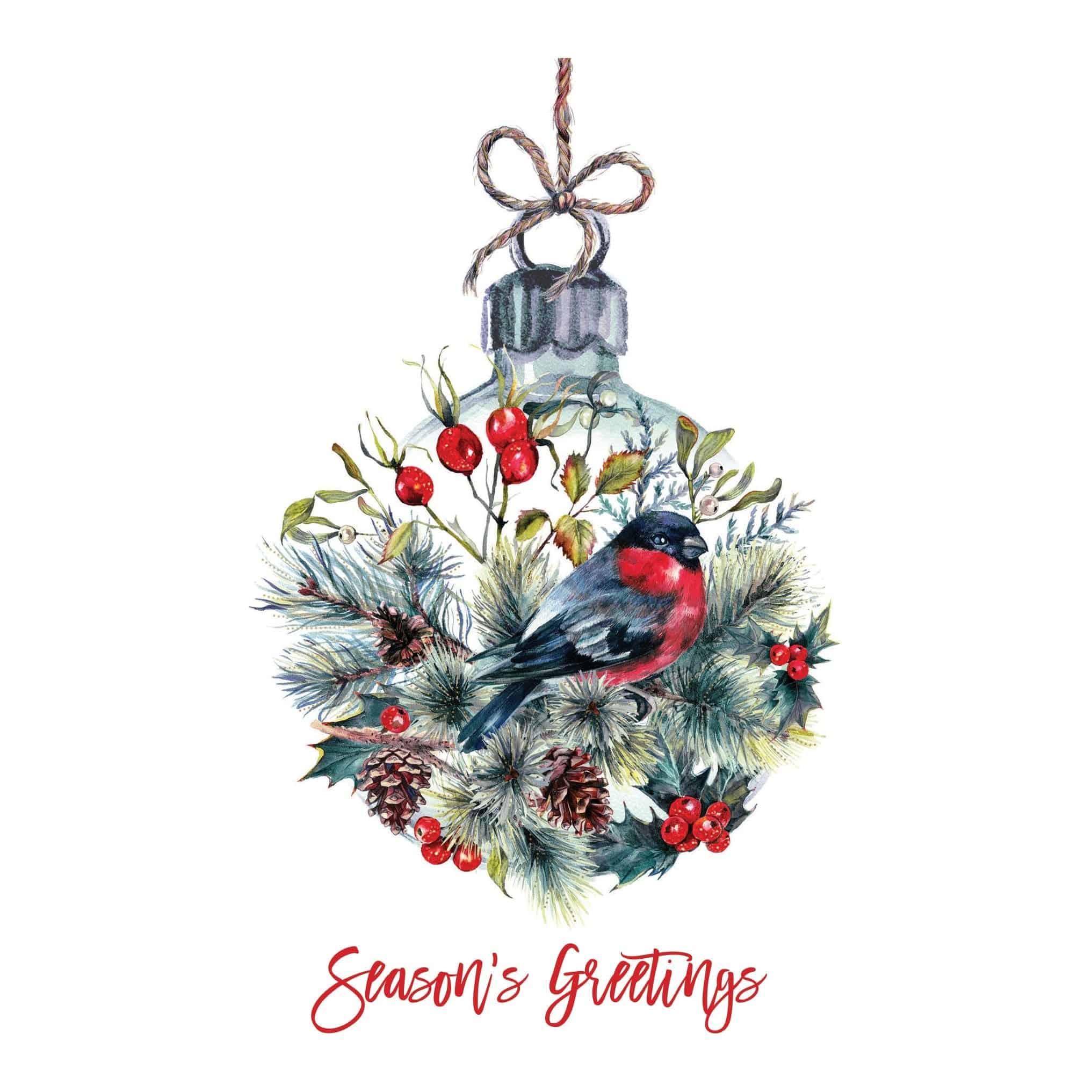 Pictura Christmas Card featuring a bird in ornament design, with festive holiday imagery and decorative details.