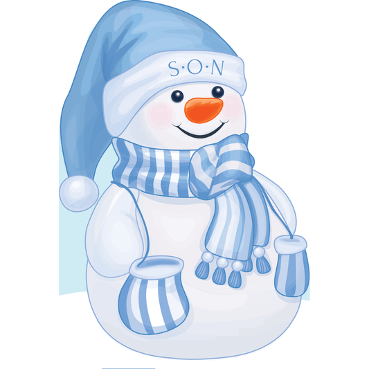 Pictura Christmas card featuring a snowman with a blue striped scarf, cheerful holiday greeting for son.