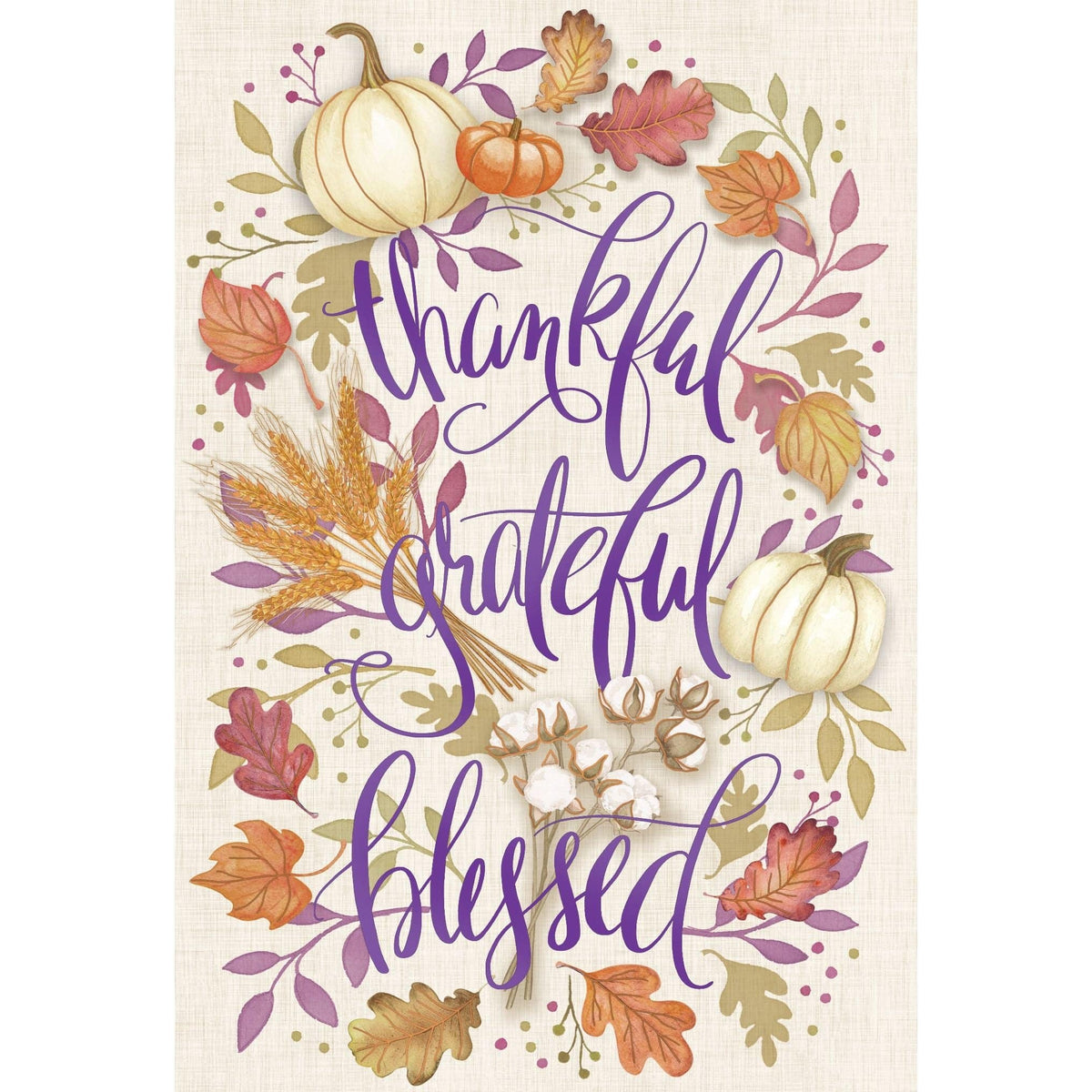 Thankful, grateful, blessed Thanksgiving card by Pictura with autumn leaves and heartfelt message on textured paper background.