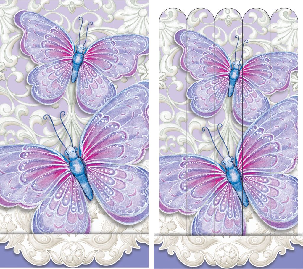 Purple butterfly emery board by Pictura, Sienna's Garden beauty nail file with butterfly design for nail grooming.