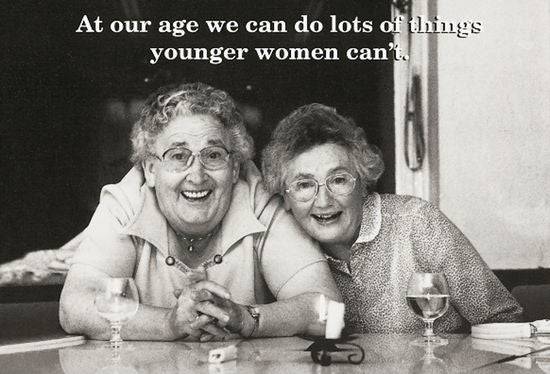 Funny birthday card featuring two elderly women sitting at a table, from Pictura's everyday card collection.