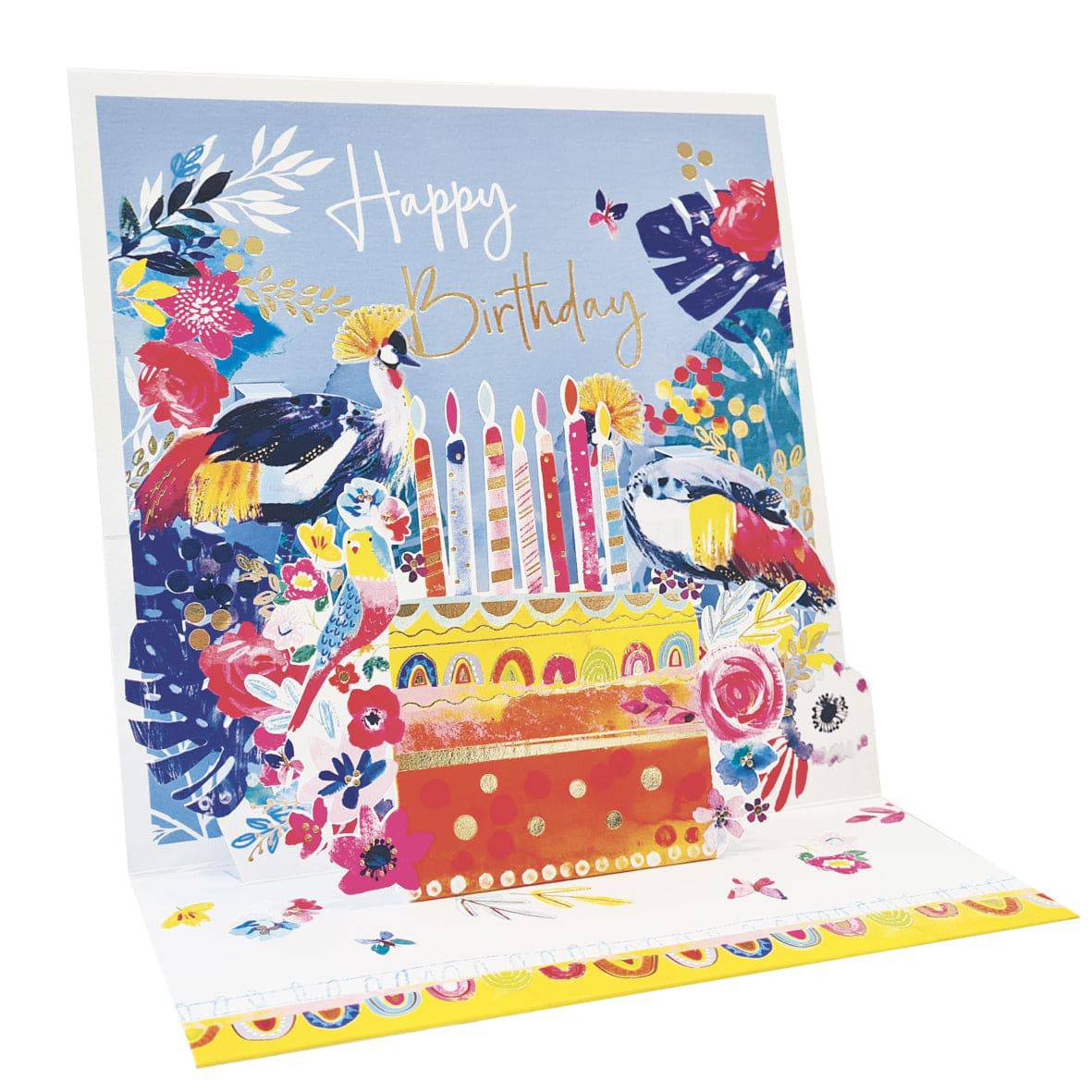 Pictura Cake & Peacocks large pop-up card featuring colorful peacock and cake design, open to display intricate paper craftsmanship.