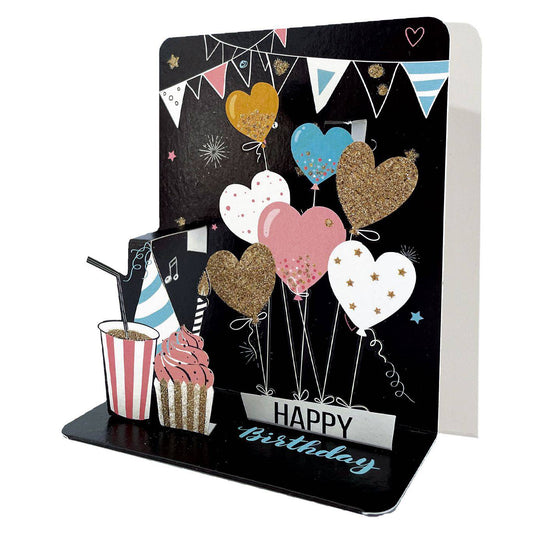 Small Heart Balloons pop-up card by Pictura featuring colorful heart-shaped balloons in a vibrant, festive design.