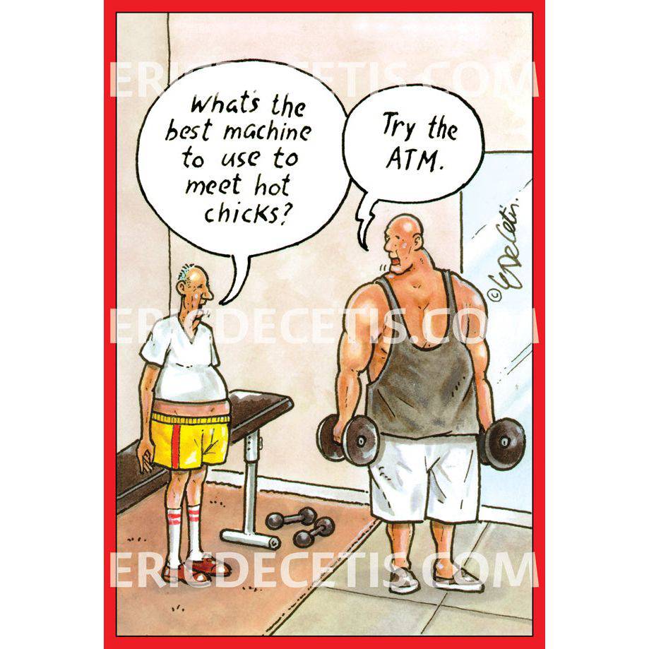 Pictura Gym ATM Birthday Card by Eric Decetis featuring colorful gym equipment and playful design on the front.