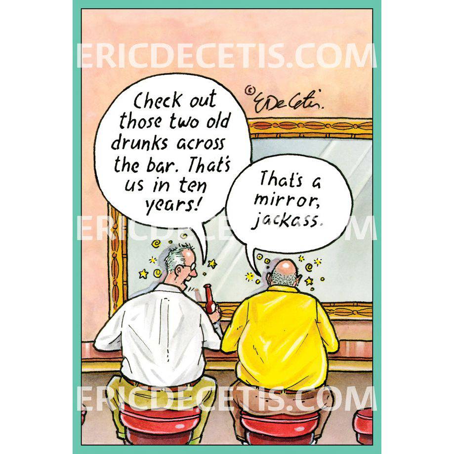 Pictura Drunks Across Bar birthday card featuring humorous illustration of people at a bar, designed by Eric Decetis.