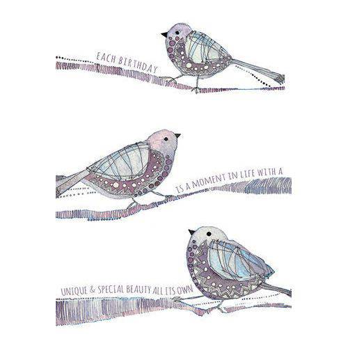 Bright Aubergine Birds birthday card by Pictura featuring colorful illustrated birds for everyday greeting occasions.