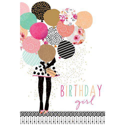 Girl with balloons birthday card by Sara Miller, Pictura, featuring colorful balloon illustrations for special occasions.