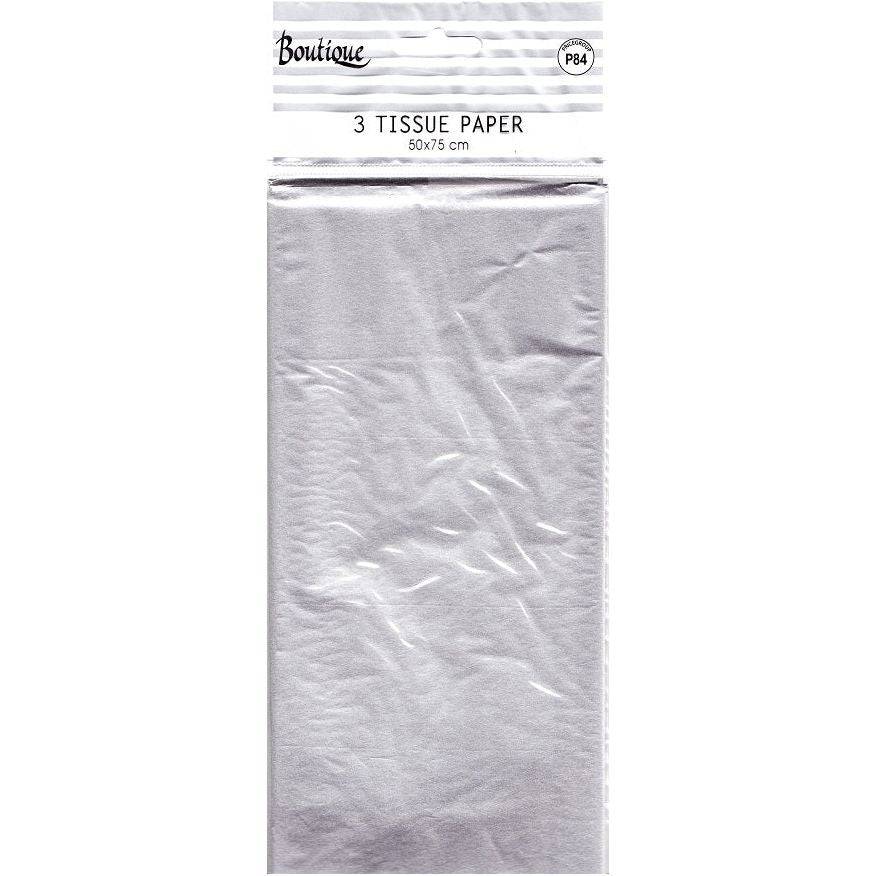 Silver tissue paper from AB PICTURA, neatly folded, showcasing shiny, metallic wrapping paper perfect for gift wrapping or crafts.