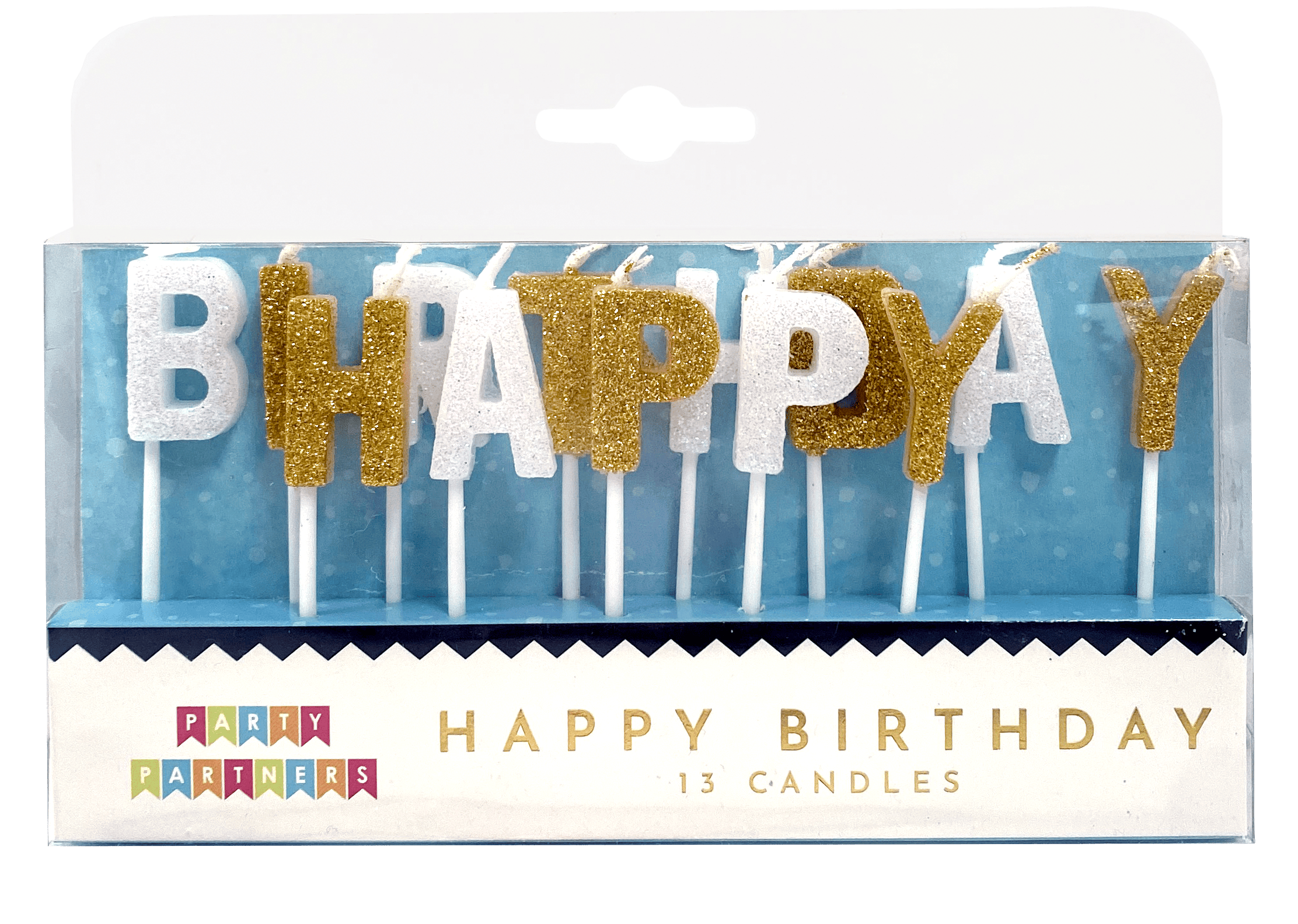 Gold and white birthday candles set from Party Partners, featuring "Happy Bday" design, ideal for celebration decorations