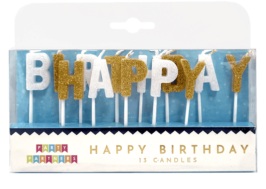 Gold and white birthday candles set from Party Partners, featuring "Happy Bday" design, ideal for celebration decorations