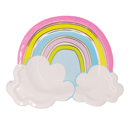 Colorful rainbow plates with cloud designs by Party Partners, perfect for birthday parties and celebrations.