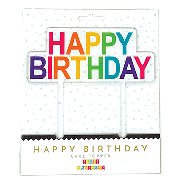 Cake topper with "Happy Bday" message from Party Partners, featuring colorful decorative elements for birthday celebration.
