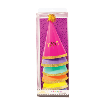Colorful YAY! party hats by Party Partners, featuring bright designs perfect for celebrations and festive events.