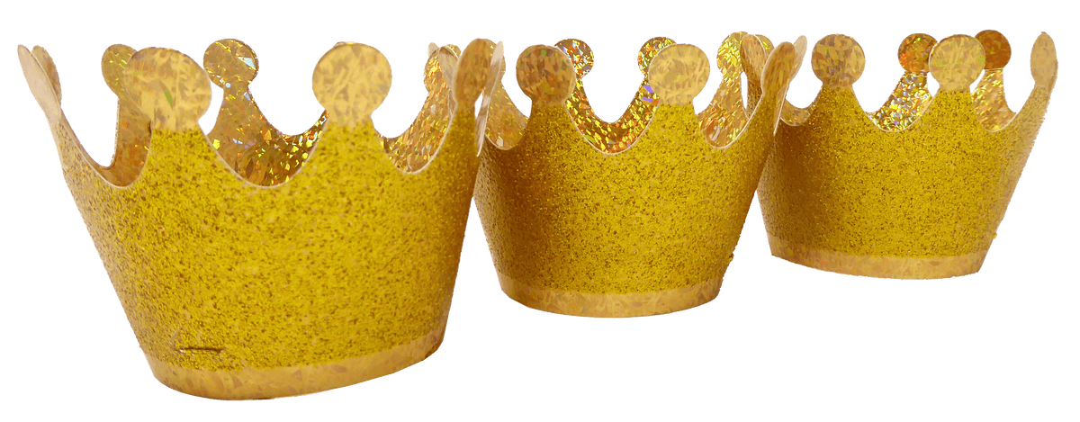 Gold mini crowns party hats for celebrations, featuring shiny gold design and small size, perfect for party accessories.