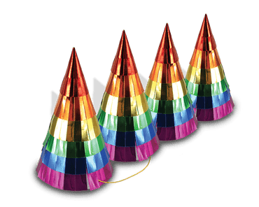 Rainbow foil party hats from Party Partners, colorful shiny cone-shaped accessories for celebrations and parties.