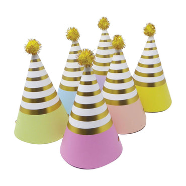 Colorful pastel party hats from Party Partners with cheerful designs, perfect for celebrations and festive gatherings.