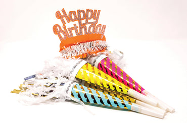 Colorful party hats with attached tooters from Party Partners, perfect for celebrations and festive events.