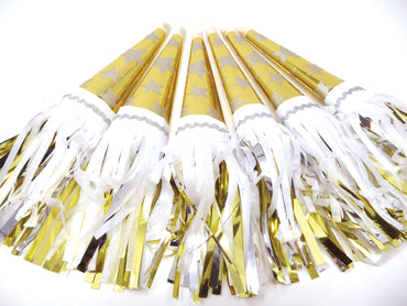 Gold star scalloped striped party horns by Party Partners, colorful festive tooters with shiny gold accents for celebrations.