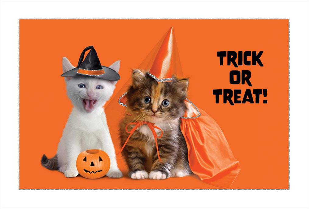 Halloween counter card featuring playful kitty illustrations, ideal for Halloween decorations by Pictura, with festive spooky design.