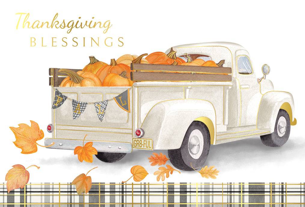 Pictura Pumpkin Pickup Thanksgiving card featuring autumn-themed fall leaves and a festive pumpkin design.