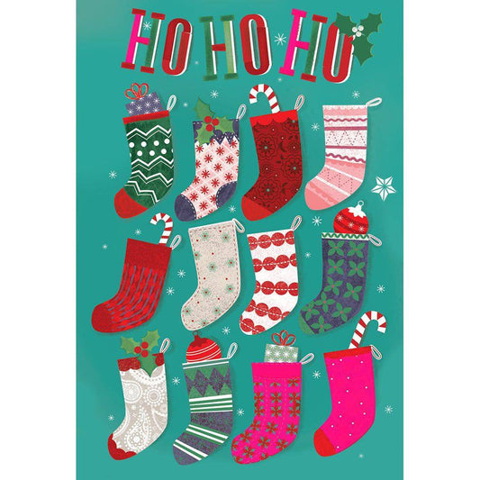 Rows of Pictura Christmas Card featuring stockings and holiday-themed illustrations, perfect for festive greeting messages.