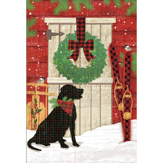 Black dog Christmas card by Pictura featuring festive holiday design with a black dog and Christmas elements.
