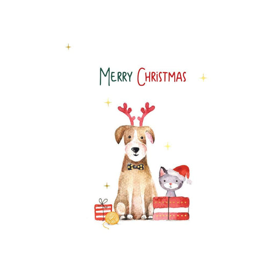 Festive Pets Christmas Card from Pictura featuring colorful holiday-themed dog and cat illustrations on a cheerful background.